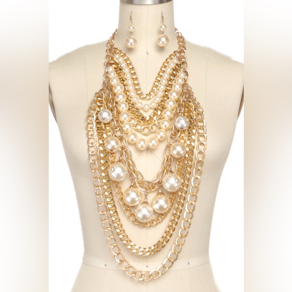 Gold Multi-Layer Pearl & Chain Statement Necklace with Earrings